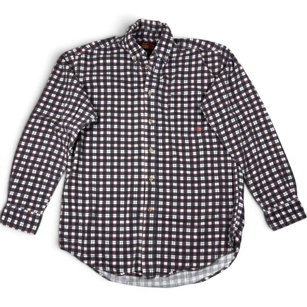 Ariat Work FR Mens Large Black Plaid Flame Resistant Button Down Shirt CAT 2